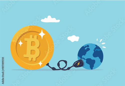 Cryptocurrency sustainability problem, bitcoin and crypto currency mining energy consumption not environment friendly concept, Big bitcoin with electric plug sucking energy from planet earth.