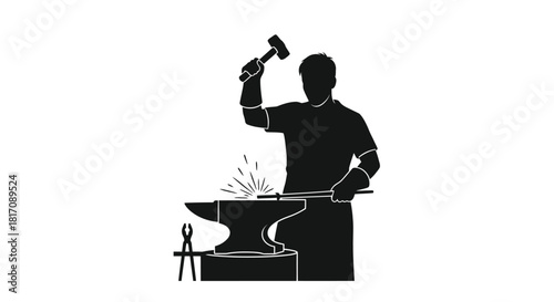 Blacksmith at work forging metal with hammer and anvil silhouette