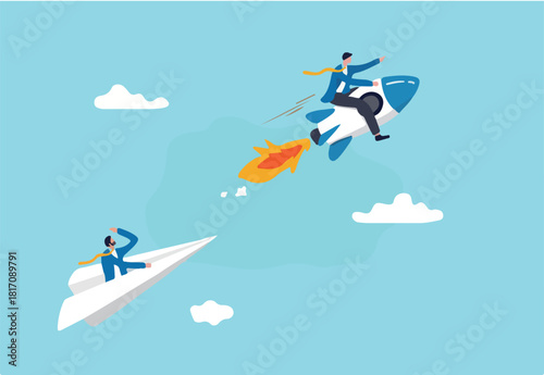 Leadership to win business competition, winner or competitive advantage to success in work, innovation and motivation concept, businessman riding fast rocket to win against other origami airplane.