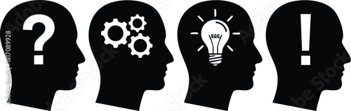 Heads depicting thought processes with symbols of question, gears, light bulb, and exclamation mark for creative concepts 
