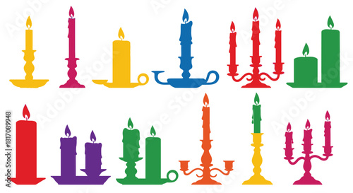 Colorful candles in various shapes and sizes arranged on a white background