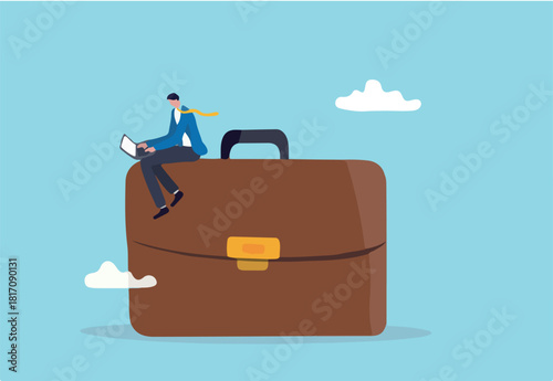 Work experience, expertise or professional employee, specialist skill, occupation or administrator work, wisdom or employment concept, confidence businessman working with computer laptop on briefcase.
