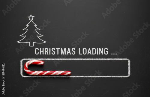 Christmas Loading Screen With Chalkboard Theme, Candy Cane, and Festive Tree Illustration