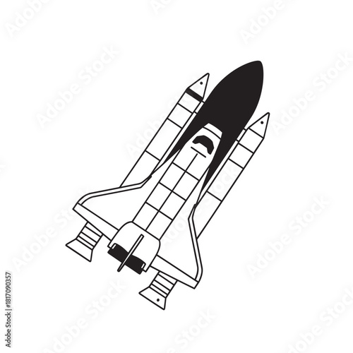 Simple line drawing illustration of a space shuttle rocket taking off.