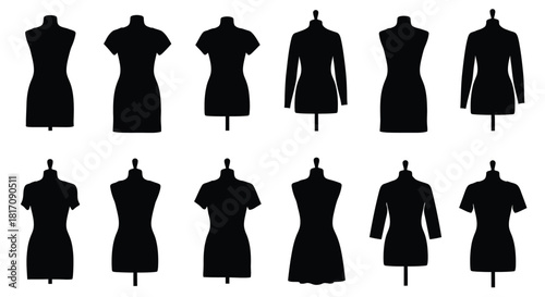 Collection of black silhouette dress forms on a plain white background