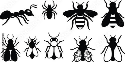 Insect silhouettes showcasing various species including ants, bees, and flies for creative projects and educational purposes 