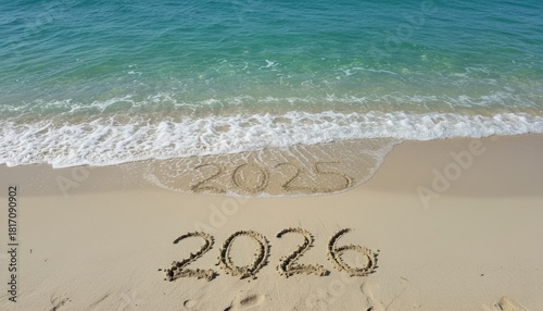 2025 and 2026 written in sand at beach with ocean waves, concept of new year, travel and fresh beginnings