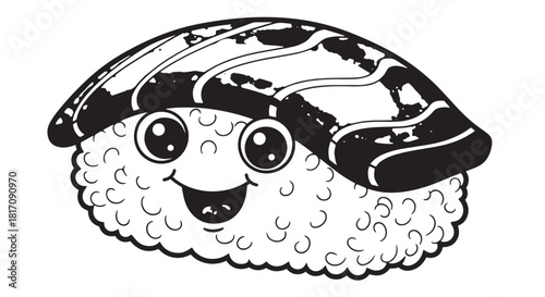 Playful sushi character with a cheerful face and seaweed topping illustration.