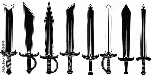 Various types of swords in a detailed vector illustration showcasing distinct designs and styles for creative projects 