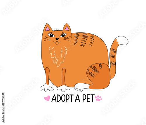 Cartoon fat cat. Domestic animal, hand lettering, kitten. Vector illustration, doodle drawing, isolated background.