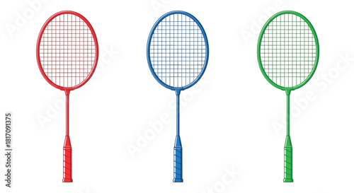Three colorful badminton rackets arranged in a row on white background