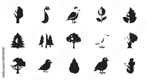 Collection of black silhouette icons featuring birds and trees with leaves and branches in a minimalist style.