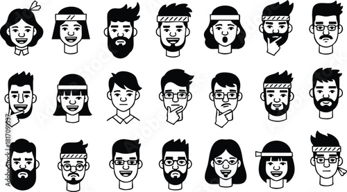 Diverse Expressions of People in Black and White Vector Style with Various Hairstyles and Accessories 