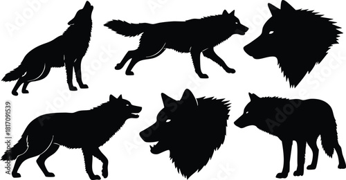 Various silhouettes of wolves showcasing different poses and expressions for creative projects and designs 