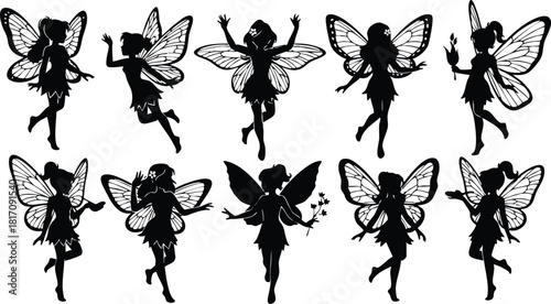 Fairy silhouettes showcasing various poses and activities in a whimsical style for enchanting designs 