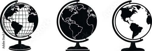 Globe illustrations showcasing different styles and representations of Earth in black and white designs 