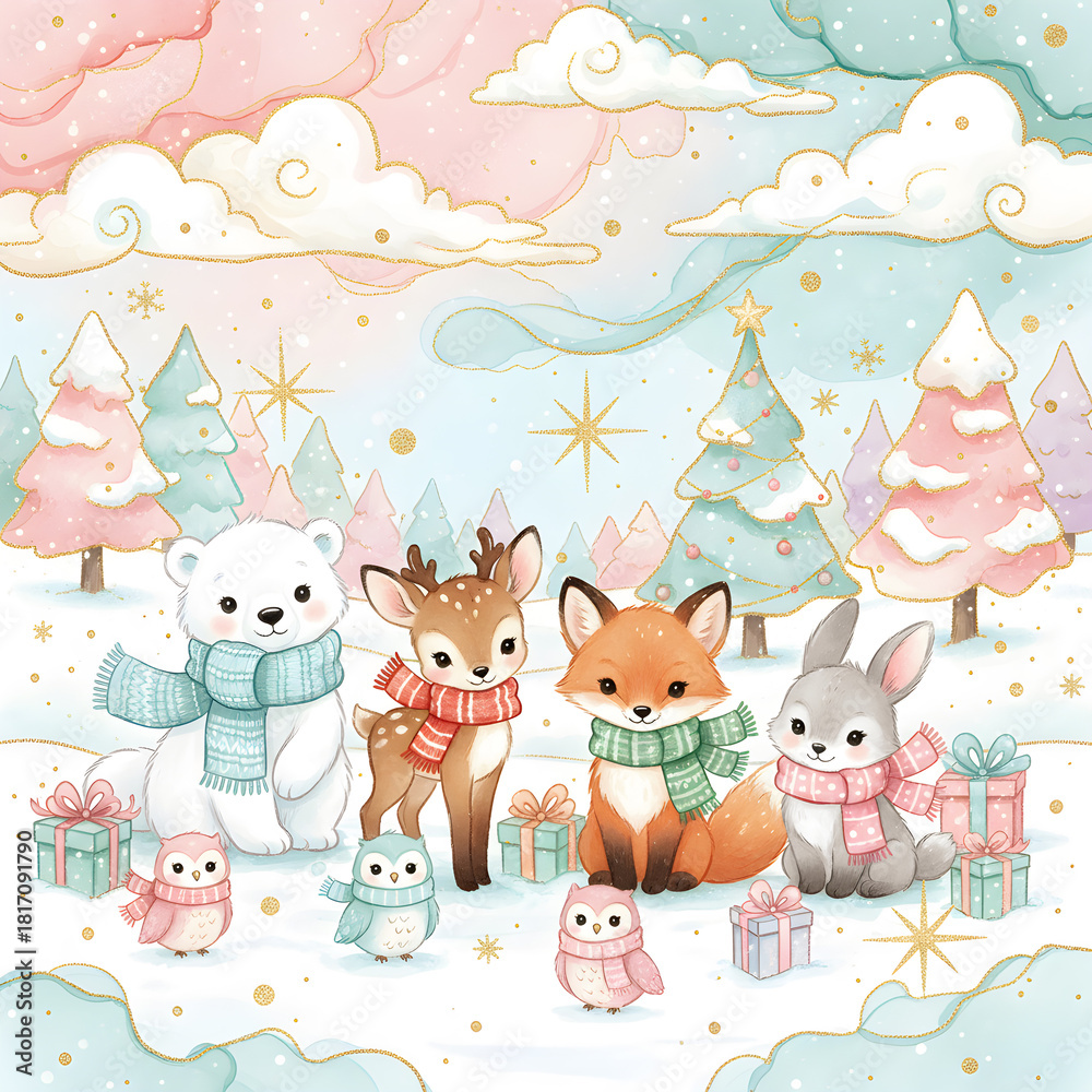 Obraz premium christmas greeting card with santa claus and reindeer, vintage background, animals, snowflakes, fantasy landscape, xmas scenery, graphic design illustration wallpaper 