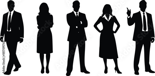 Silhouettes of business professionals dressed in formal attire standing confidently together in a creative illustration 