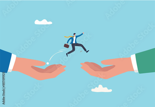 Change job or career, escape from toxic office, determination and courage to change to better place, improvement or progression concept, confidence businessman jumping from giant hand to new place.