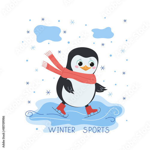 A cartoon penguin wearing a scarf and skating. Ice, rink. Handwritten lettering. Winter sport. Snowflakes, snowfall. Character, cute polar bird, animal.