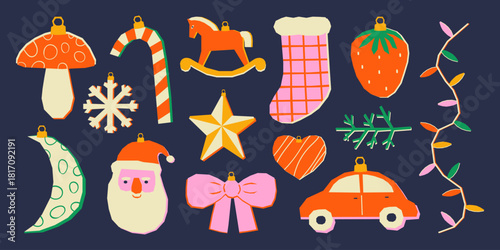 Set of abstract riso christmas tree decorations. Cut out paper baubles and toys in bold colors. Vintage winter holidays design. Vector graphic