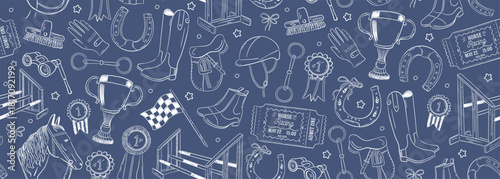 Elegant horse racing equipment outline silhouettes on wide background. Seamless vector banner with line art equestrian elements. Hand-drawn cowboy pattern