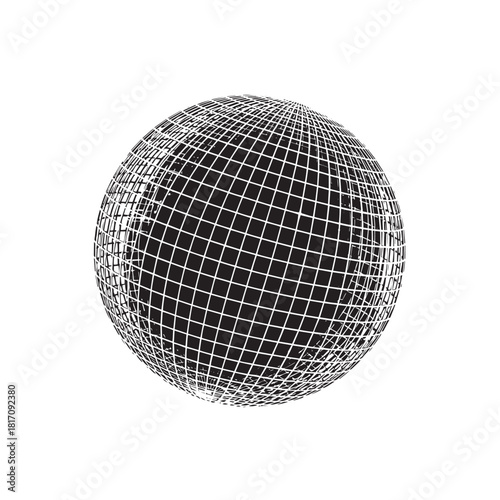 Shiny spherical disco ball with mirrored grid pattern for party decor and dance visuals.