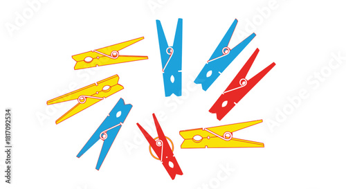 Colorful wooden clothespins arranged in a circular pattern on a white background