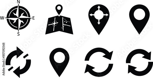 Navigation icons featuring compass, map, and location markers for travel and exploration 
