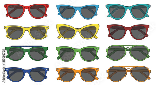 A colorful collection of various styles of fashionable sunglasses displayed neatly