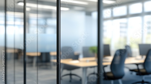 Frosted white glass rectangle, thin margin, against Blurred photo for background, business office