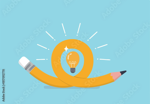Creative idea, imagination, writing skill or learning and education concept, bending pencil with bright lightbulb idea.