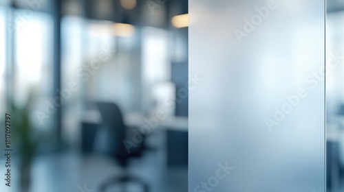 Frosted white glass rectangle, thin margin, against Blurred photo for background, business office