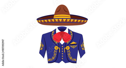 Traditional mariachi attire including sombrero jacket and bow tie illustration