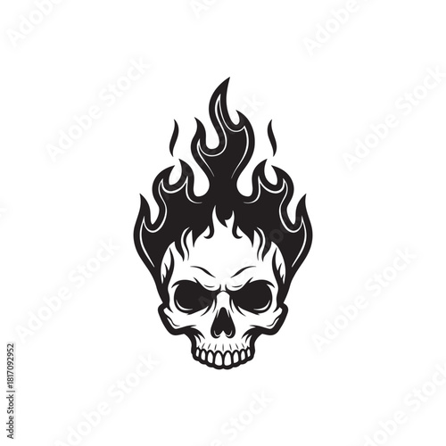 Monochrome flaming skull illustration with fierce expression and stylized fire details.