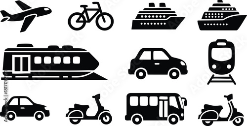 Various modes of transport icons including airplane, bicycle, ships, trains, and cars in a clean vector style 