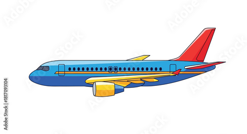 A colorful cartoon illustration of a passenger airplane in flight