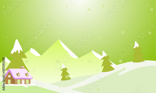 Whimsical winter wonderland scene with snow-covered mountains, evergreen trees, and a charming cottage under gently falling snow, depicting a serene and festive holiday season