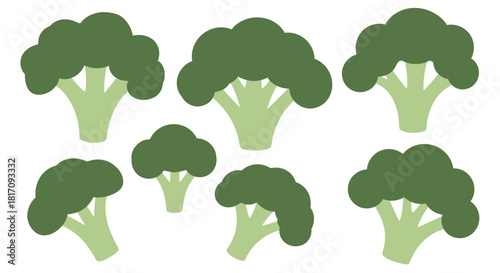 A colorful cartoon illustration of several fresh broccoli florets arranged neatly