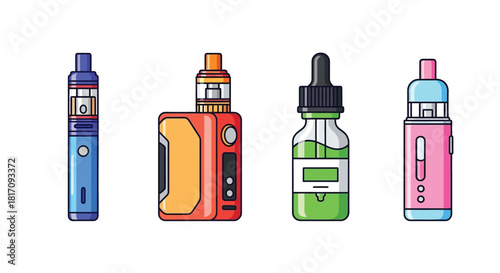 Colorful illustration displaying different types of electronic vaping devices lined up