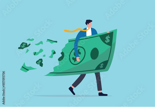 Lose money investment in financial crisis, profit and loss in business or deflation and inflation concept, businessman holding big dollar banknote money while loss, crumble and reduce in value.