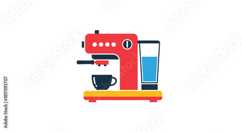 Simple illustration of a red espresso machine with coffee cup and glass