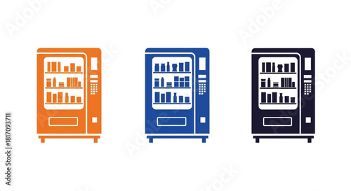 Three vending machine icons in orange blue and dark gray colors