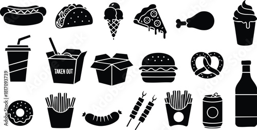 Variety of fast food icons including burgers, hot dogs, pizza, and ice cream for culinary design projects 