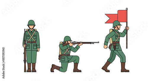 Three soldiers in green uniforms with rifles and a red flag