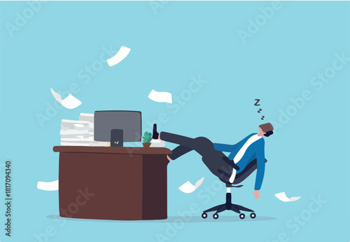 Quiet quitting, lack of work motivation, work boredom or morality, exhaustion or burn out from hard work without recognition concept, unhappy businessman sleeping while working at busy workplace.