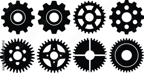 Collection of eight distinct gear illustrations showcasing various designs for mechanical and engineering applications 