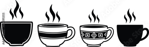 Variety of steaming coffee cups depicted in a stylish vector illustration for beverage lovers 