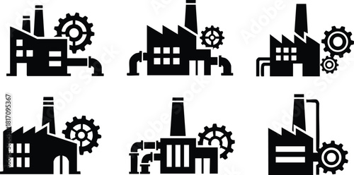 Industrial factory icons collection with gears and smokestacks for graphic design projects 