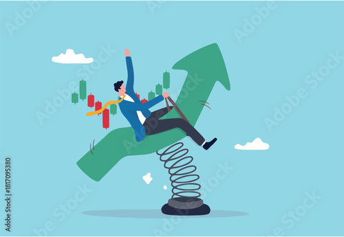 Riding market up trend, risk and uncertainty, stock market or cryptocurrency volatility, price movement, risk management concept, businessman investor or trader riding volatile rising up arrow rodeo